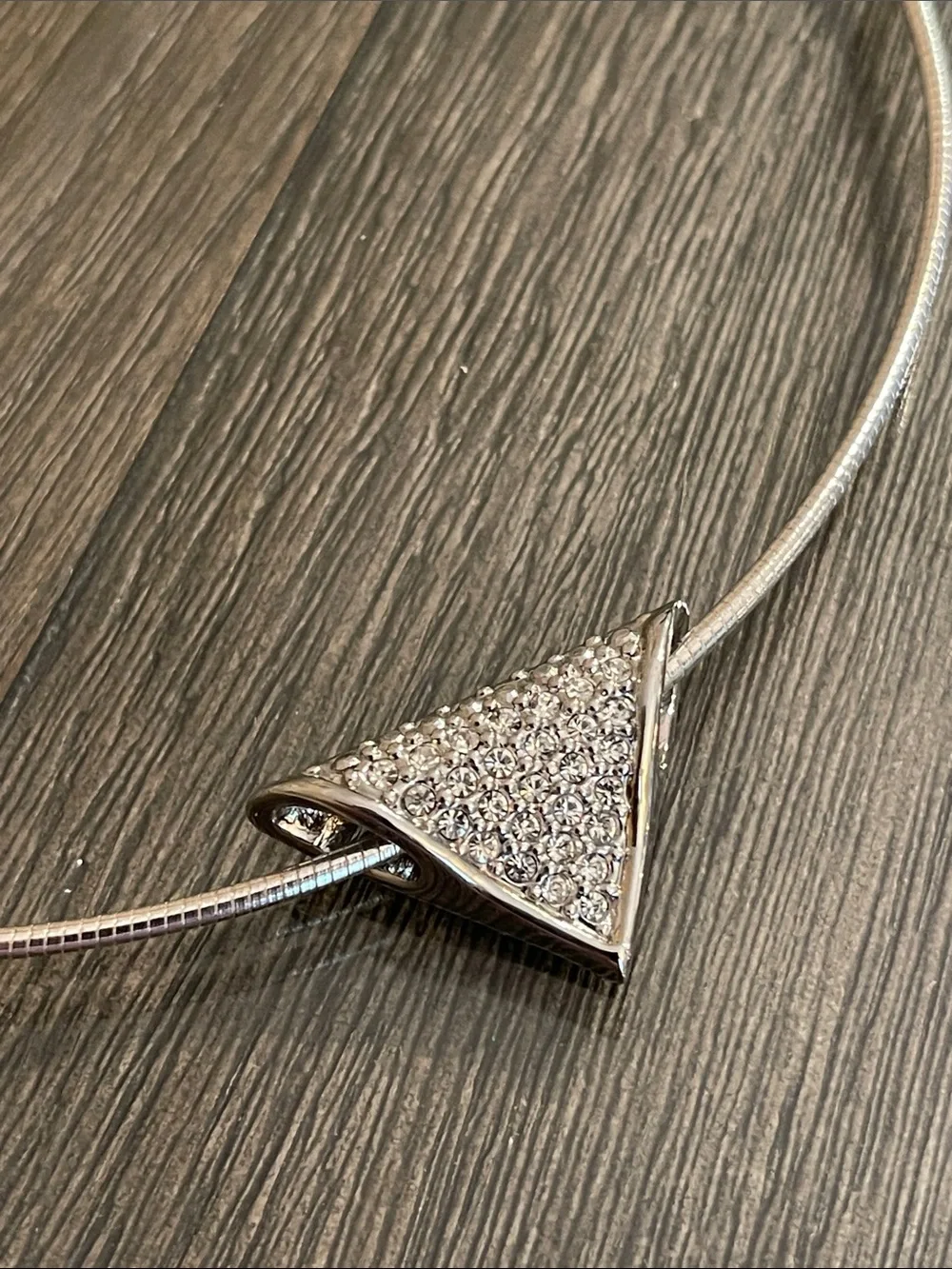 Vintage Silver-tone Wire Necklace with Pave Rhinestone Triangle Pendant - Slide